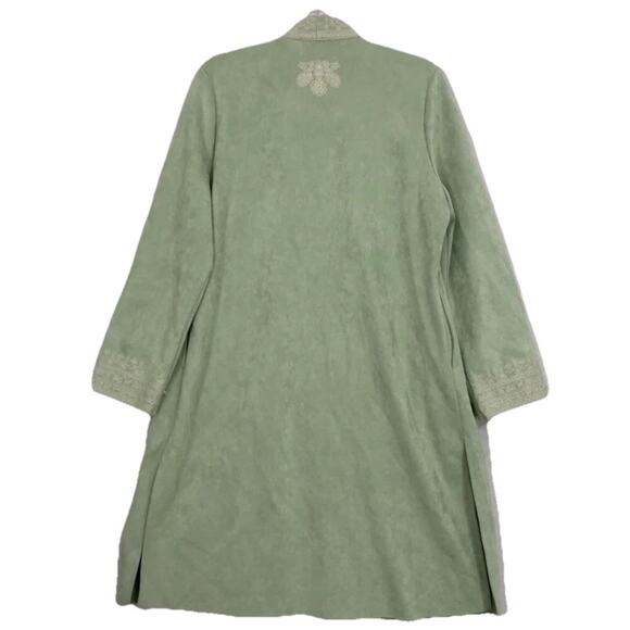 New Solitaire Green Embroidered Boho Faux Suede Open Front Long Coat Small E25 - Picture 4 of 8